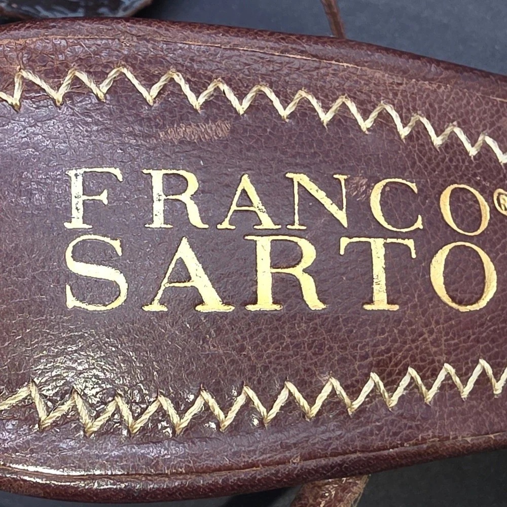 Resort Franco Sarto Wedge Sandals W 7M Brown Leather LaceUp ZigZag Stitch Casual
